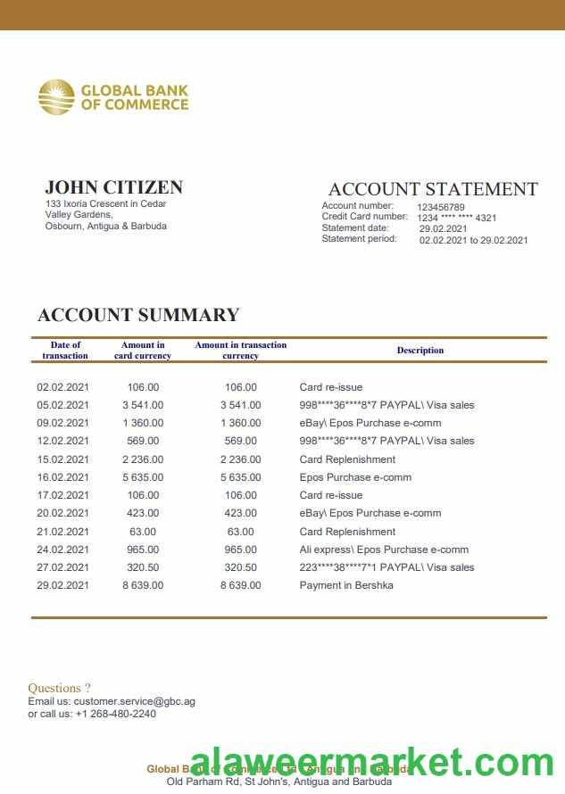 Antigua and Barbuda Global Bank of Commerce bank statement